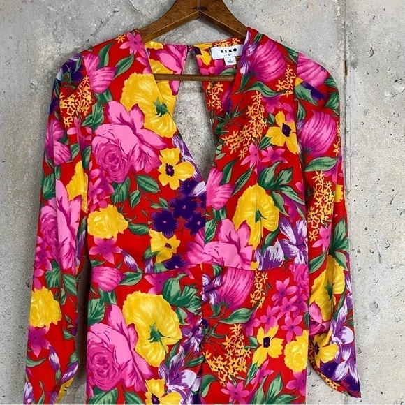 Rixo target red coral Hawaiian floral ruffle midi dress xs 2 - Picture 4 of 10